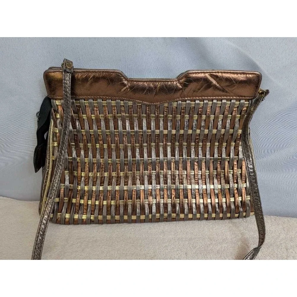 Vintage‎ Woven Metallic Shoulder Bag Bronze Gold Silver Textured Evening Clutch